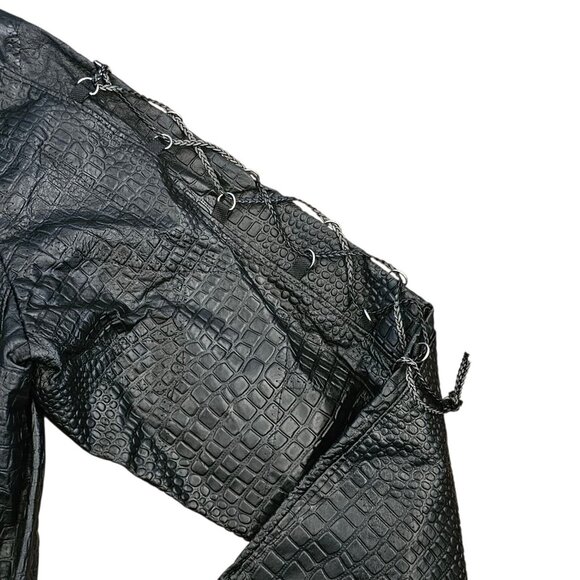 Y2K Black Leather Laceup Jacket Black Embroidered Roses On Back Sz L Biker Goth - Picture 3 of 12